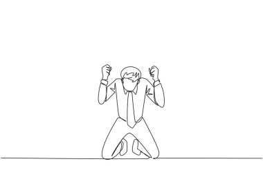 Sürekli bir çizgi halinde işadamı dua eder gibi diz çöküyor. Umudumu kaybettim İyi niyetli müşteriler bulamazsak işletmeler iflas edecek. Teslim olma hareketi. Tek çizgi çizimi tasarım vektör çizimi