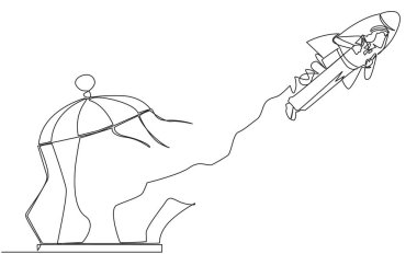 Tek sıra halinde, Arap işadamı bir roketle uçuyor ve kafesi kırıyor. Tuzaklardan uzak. İşe devam etmesi için bir yükseltici alıyorum. İşler kızıştı. Devamlı çizgi tasarımı illüstrasyonu