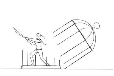 Kafeste hapsolmuş iş kadınını çeken tek sıra Samuray 'ı tutuyor. Zincire vurulan kısıtlamalara karşı öfkenin ifadesi. Ne pahasına olursa olsun özgürlüğü ara. Tek çizgi çizimi tasarım vektör çizimi