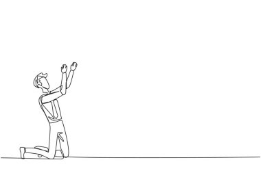 Sürekli bir çizgi halinde iş adamı diz çöküp dua etmek için ellerini kaldırıyor. İşleri kolaylaştırmak için dua ediyorum. İş adamı umudunu kaybetti. Teslim ol. Üzüntü. Tek çizgi çizimi tasarım vektör çizimi