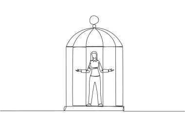 Single continuous line drawing businesswoman trapped in cage standing with open arms. Surrender to the situation. Forced to stay in a cage. Business is not growing. One line design vector illustration clipart