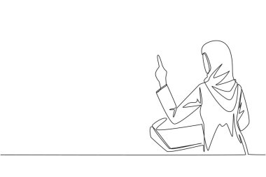 Arkadan çekilen tek çizgi, genç Arap iş kadını podyumda işaret parmağını kaldırırken konuşuyor. Konferans Salonundaki İşadamı yeni bir iş sundu. Aralıksız çizgi grafik çizimi