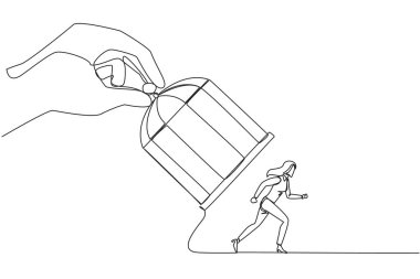 Tek sıra halinde demir kafesi tutan koca bir el çizerek iş kadınını yakalar. Herhangi bir şekilde tuzağa düşmek istiyorum. Tuzağa gir. Haksız iş rekabeti. Kaybettim. Devamlı çizgi tasarımı grafik çizimi