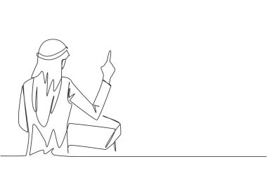 Arkadan çekilen tek sıra, Arap işadamı podyumda işaret parmağını kaldırırken konuşuyor. Konferans Salonundaki İşadamı yeni bir iş sundu. Bir çizgi tasarımı vektör illüstrasyonu