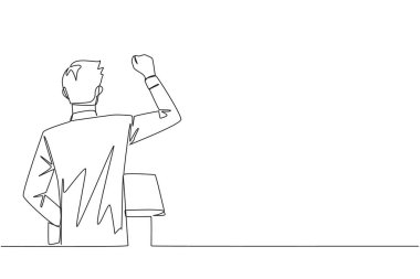 Podyumda konuşan bir iş adamının dikiz aynasından sürekli bir görüntü. Elini kaldırarak ve sıkarak, coşkuyla finansal kazanç konuşması yaptı. Tek çizgi çizimi tasarım vektör çizimi