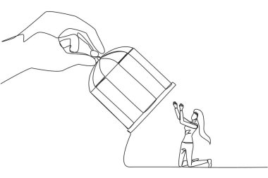 Devamlı tek sıra halinde büyük bir el kafesi tutup diz çökmüş iş kadınını yakalıyoruz. Duruma teslim olan girişimciler. Tüm hataların sorumluluğunu al. Tek çizgi çizimi tasarım vektör çizimi