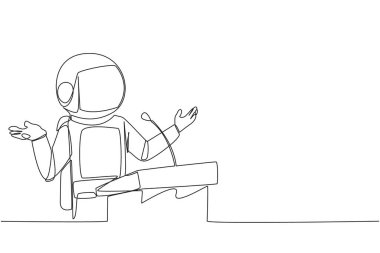 Tek sıra halinde, genç mutlu astronot ellerini açarken podyumda konuşuyor. Şirketin çok uluslu bir şirket olmasını açıkla. Bir çizgi tasarımı vektör illüstrasyonu