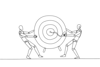 Tek sıra halinde iki kızgın robot ok hedef tahtası için kavga ediyor. Başarı için ilk kim savaşacak. Karşı. Saldırın! Çatışma. Teknik yapay zeka. Devamlı çizgi tasarımı grafik çizimi