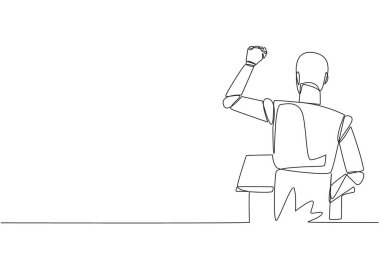 Podyumda konuşan akıllı robotun dikiz aynasından tek sıra halinde. Elini kaldırarak ve sıkarak, coşkuyla finansal kazanç konuşması yaptı. Hatip. Bir çizgi tasarımı vektör illüstrasyonu