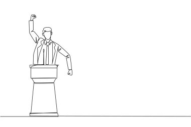 Genç işadamının başını dik tutarak podyumda konuştuğu bir çizgi devam ediyor. Laf kalabalığı yapıyorum. Liderlik kavramı. Yanan ruh. Tek çizgi çizimi tasarım vektör çizimi