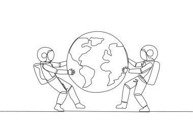 Tek sıra halinde iki güçlü astronot dünya üzerinde savaşıyor. Satış genişlemesinin hedefi olacak bölge için mücadele. Agresif. Uzay boşluğu. Bir çizgi tasarımı vektör illüstrasyonu