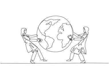 Tek sıra halinde iki güçlü Arap iş kadını dünya üzerinde kavga ediyor. Satış genişlemesinin hedefi olacak bölge için mücadele. Agresif. Bir çizgi tasarımı vektör illüstrasyonu