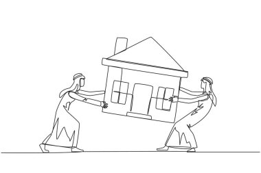 Sürekli iki duygusal Arap işadamının minyatür ev için kavga etmesini çekiyor. Gerçekten istedikleri lüks bir ev için savaşma kavramı. Tek çizgi çizimi tasarım vektör çizimi