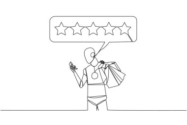 Birkaç alışveriş çantası tutan bir robot çizmeye devam et. Diğer yandan akıllı telefondan yazmak 5 yıldızlı bir eleştiri veriyor. İnternetten alışveriş. Yapay zeka teknisyeni Tek çizgi çizimi tasarım vektör çizimi