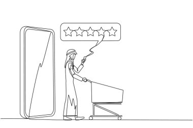 Tek sıra mutlu bir Arap adam alışveriş arabasını iterken büyük bir akıllı telefondan çıktı. Beş yıldızlı değerlendirme. E ticaret. Değerlendirmeden satıcıya. Aralıksız çizgi grafik çizimi