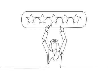 Beş yıldızlı genç bir Arap 'ın elinde tuttuğu not tablosu. Yıldız derecesi. Pozitif eleştiri. İnternetten alışveriş 5 puan veriyor. Tek çizgi çizimi tasarım vektör çizimi