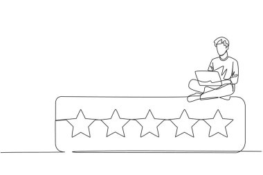 Single continuous line drawing young energetic happy man sitting on rating board typing laptop computer. Give 5 stars and a very satisfying review. Online shopping. One line design vector illustration clipart