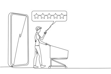 Devamlı bir çizgi çizen mutlu adam, alışveriş arabasını iterken büyük bir akıllı telefondan çıktı. 5 yıldızlı değerlendirme. E ticaret. Değerlendirmeden satıcıya. Tek çizgi çizimi tasarım vektör çizimi