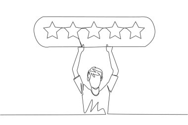 Devamlı olarak 5 yıldızlı genç ve mutlu bir adamın derecelendirme panosunu çekiyor. Yıldız derecesi. Pozitif eleştiri. İnternetten alışveriş 5 puan veriyor. Tek çizgi çizimi tasarım vektör çizimi