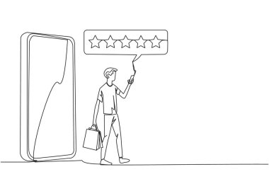 Tek sıra çizen bir adam dev akıllı telefondan elinde bir alışveriş çantası diğerinde akıllı telefon ile çıkıyor. İnternetten alışveriş konsepti. Ticaret için. Devamlı çizgi tasarımı grafik çizimi