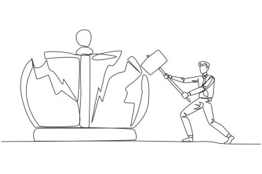 Tek sıra halinde iş adamı büyük tacı vurmaya hazırlanıyor. Öfke. Otoriter krallığın sembollerini yok etmek. İş adamları için adaleti bekleyin. Bir çizgi tasarımı vektör illüstrasyonu