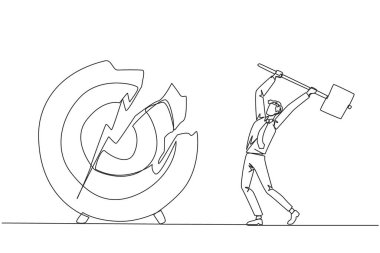 Devamlı bir çizgi halinde işadamı büyük bir ok tahtasını vurmaya hazırlanıyor. Öfke. Odaklanamadım, söz verilen ödülü alamadım. Çılgınlık. Tek çizgi çizimi tasarım vektör çizimi