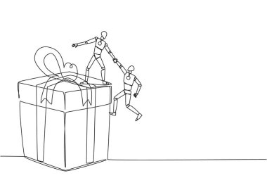 Tek sıra halinde akıllı robot çizmek iş arkadaşının büyük hediye kutusuna tırmanmasına yardımcı olur. Ödüller için en yüksek seviyeye ulaşmak için entegre takım çalışması. Birbirimize yardım ediyoruz. Bir çizgi tasarımı vektör illüstrasyonu
