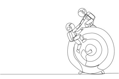 Genç astronotun çizdiği tek çizgi, meslektaşının büyük ok tahtası hedefine tırmanmasına yardımcı oluyor. Metaforlar görevleri tek seferde tamamlamaya odaklanmaya yardımcı olur. Birlikte. Devamlı çizgi tasarımı grafik çizimi