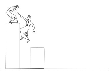 Aralıksız çizilen bir çizgi, iş arkadaşının çubuk grafiğine tırmanmasına yardımcı oluyor. Yükseğe tırmanmaya yardımcı olur. İlerleyin ve birlikte başarın. Takım çalışması. Tek çizgi çizimi tasarım vektör çizimi