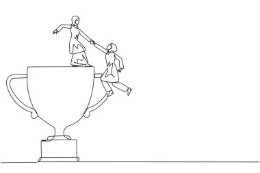 Arap iş kadınının çizdiği tek çizgi, meslektaşının büyük kupaya tırmanmasına yardımcı oluyor. Büyük takım çalışması olmadan elde edilemeyecek bir başarı. Akıllıca bir takım çalışması. Devamlı çizgi tasarımı grafik çizimi