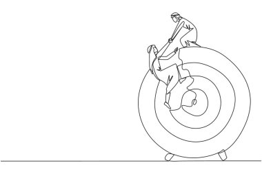 Sürekli çizilen bir çizgi, Arap iş adamının ok tahtası hedefine tırmanmasına yardımcı oluyor. Metaforlar görevleri tek seferde tamamlamaya odaklanmaya yardımcı olur. Birlikte. Tek çizgi çizimi tasarım vektör çizimi