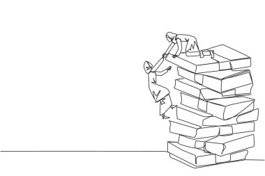 Sürekli çizilen bir çizim, iş arkadaşının banknotlara tırmanmasına yardımcı oluyor. Bulaşıcı başarı. Başarı için bahşişleri paylaşın. Takım çalışması ikramiyesi. Tek çizgi çizimi tasarım vektör çizimi