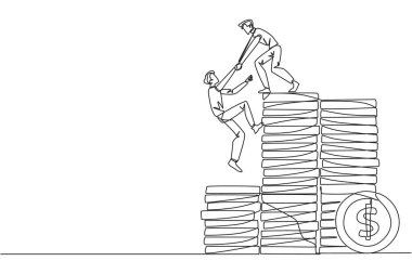 Sürekli çizilen bir çizgi iş adamının para yığınına tırmanmasına yardımcı oluyor. Metaforlar emekliliğe girmeden önce finansal hedeflere ulaşmada yardımcı olur. Takım çalışması. Tek çizgi çizimi tasarım vektör çizimi