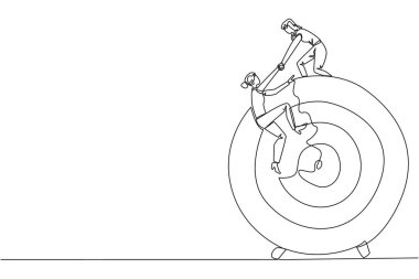İş kadını çizen tek çizgi, iş arkadaşının ok tahtası hedefine tırmanmasına yardımcı olur. Metaforlar görevleri tek seferde tamamlamaya odaklanmaya yardımcı olur. Birlikte başarı. Devamlı çizgi tasarımı grafik çizimi