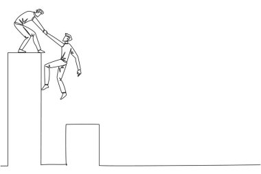 Sürekli çizilen bir çizgi iş arkadaşının çubuk grafiğine tırmanmasına yardımcı oluyor. Yükseklere tırmanmaya yardım ediyor. İlerleyin ve birlikte başarın. Takım çalışması. Tek çizgi çizimi tasarım vektör çizimi