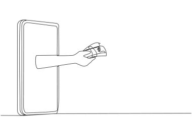 Elinde banknotlar olan akıllı telefonun ortasından sürekli bir çizgi çıkıyor. Gerekli şeyleri çevrimiçi seçin. Teslimatta nakit. Online şeyler. Tek çizgi çizimi tasarım vektör çizimi