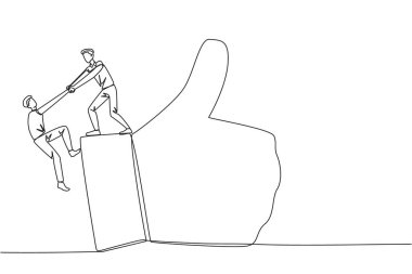 Tek sıra halinde çizen işadamı, meslektaşının baş parmak hareketini onaylamasına yardımcı oluyor. Başarmak için birlikte çalışıyoruz. Pozitif titreşimler. Uyumluluk. Bir çizgi tasarımı vektör illüstrasyonu