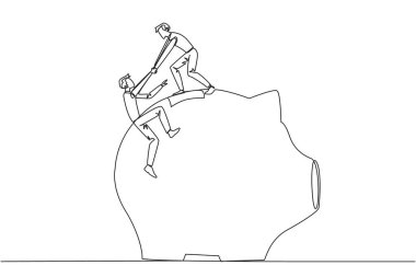 Tek sıra çizen işadamı, meslektaşının kumbaraya tırmanmasına yardım ediyor. Birbirinize kibarca hatırlatın. Geleceğe yatırım. Süper harika takım çalışması. Devamlı çizgi tasarımı grafik çizimi