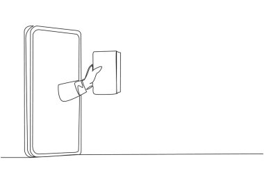 Tek bir çizgi akıllı telefonun ortasından kitap tutan bir el çiziyor. Favori online mağazadan en sevdiğin kitabı al. İnternetten alışveriş. Devamlı çizgi tasarımı grafik çizimi