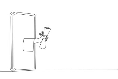 Tek sıra halinde, akıllı telefonun ortasından mezuniyet kağıdını tutan bir el çiziyor. İnternette çalışırken çalış. En iyi mezun. Bir çizgi tasarımı vektör illüstrasyonu