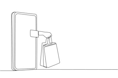 Tek bir çizgili el akıllı telefonun ortasından elinde kese kağıdıyla çıkıyor. Çevre dostu alışveriş torbaları. İnternetten alışveriş. Devamlı çizgi tasarımı grafik çizimi