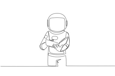 Elinde büyüteç tutarken sürekli astronot çizen tek çizgi. Robotların aletler olmadan tanıyamayacağı küçük harfler. Bir şey arıyorum. Bir çizgi tasarımı vektör illüstrasyonu