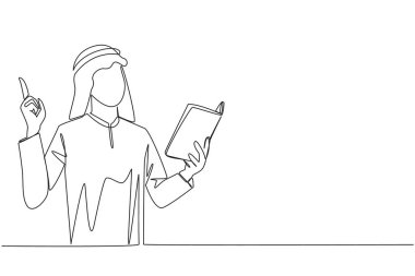 Sürekli bir satır Arap adamın ayakta kitap okumasını çiziyor. Jest fikri kapar. Kitap farklı bakış açılarından görebilir. Kitap okumaktan harika bir fikir. Tek çizgi çizimi tasarım vektör çizimi