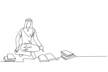 Tek sıra halinde, kitap okuyan Arap bir adam çiziyor. İyi bir okuma merakı. Hikaye kitapları okumaktan gerçekten zevk alıyorum. Her yerde okuyorum. Kitap festivali konsepti. Aralıksız çizgi grafik çizimi