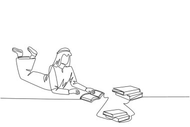 Sürekli bir satır çizen Arap adam okumayı çok seviyor. Her gün bir kitap okunuyor. İyi alışkanlık. Kitap okumadan bir gün bile geçmez. Kitap festivali konsepti. Tek çizgi tasarım vektör çizimi