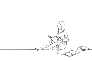 Bir satır aralıksız, kütüphanede oturup kitap okuyan Arap bir kadın çiziyor. Görevlerin cevaplarını arıyorum. Hobi okuma. Kitap festivali konsepti. Tek çizgi çizme vektör illüstrasyonu