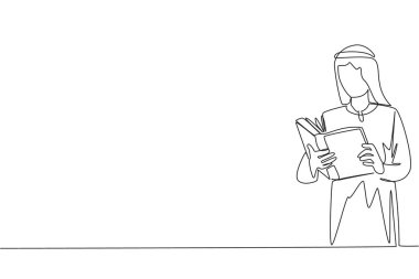 Sürekli bir satır Arap 'ı okumaya odaklıyor. Verilen görevlere yanıt bulmaya çalış. Daha fazla bilgi edinin. Okumak görüşü arttırır. İyi okumalar. Tek çizgi çizimi tasarım vektör çizimi