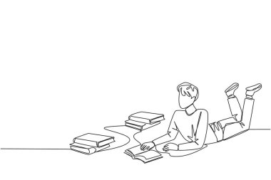 Okumayı seven tek bir çizen adam. Her gün bir kitap okunuyor. İyi alışkanlık. Kitap okumadan bir gün bile geçmez. Kitap festivali konsepti. Devamlı çizgi tasarımı grafik çizimi