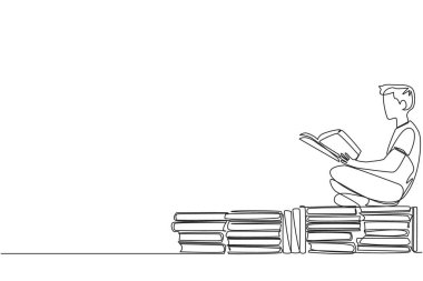 Tek satırlık çizim yapan adam rahatça kitap yığınları üzerine kitap okuyor. Kurgu kitapları okurken rahatla. Hikayenin tadını çıkar. Kitap festivali konsepti. Devamlı çizgi tasarımı grafik çizimi