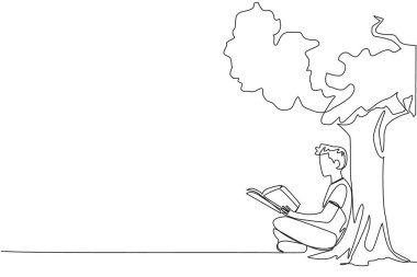Devamlı tek satır halinde gölgeli ağacın altında kitap okuyan bir adam çiziyor. Kurgu kitabının ikinci cildine devam ediyoruz. İyi okumalar. Kitap festivali. Tek çizgi çizimi tasarım vektör çizimi